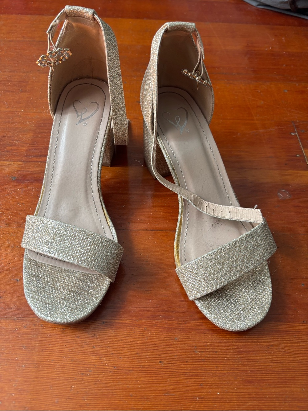 Sparkling Gold Ankle-Strap Block Heel Sandals